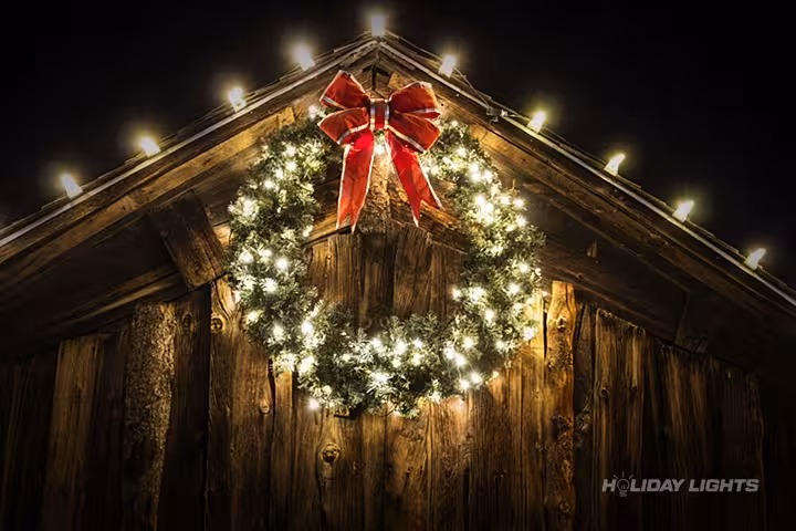 Barn Roofline Christmas Lights Wreath Warm White - Residential Christmas lights installation in Connecticut