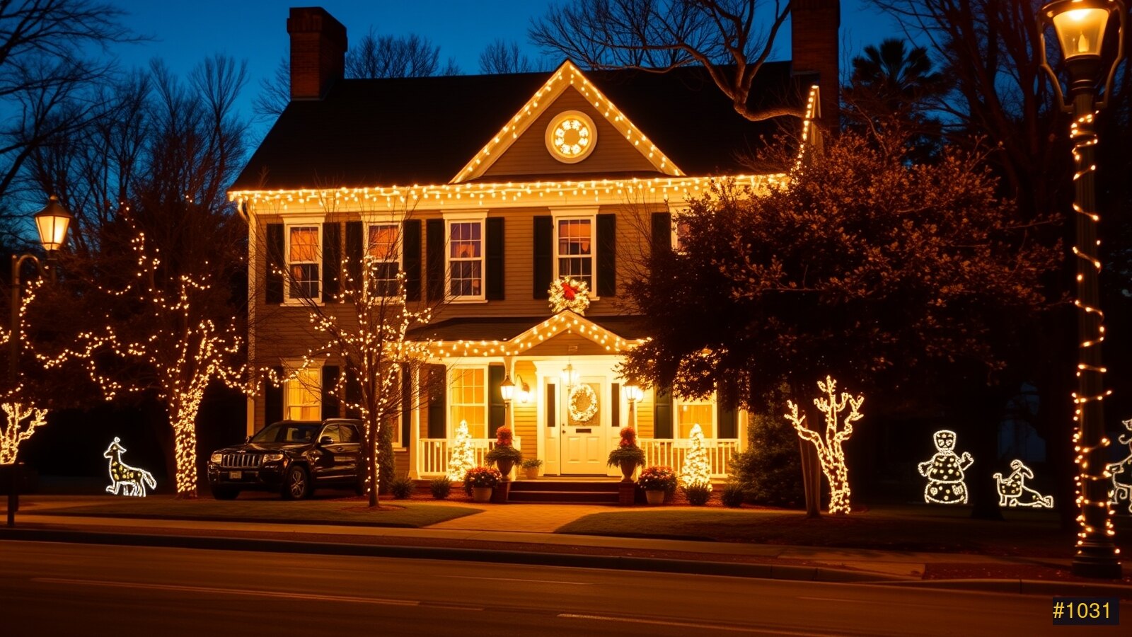 A home and street beautifully lit for Christmas at night